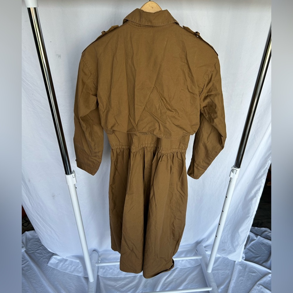 Vintage 1980’s Brown Cotton Trench Long Sleeved Dress With Elastic Waist sz 10 - Picture 8 of 9